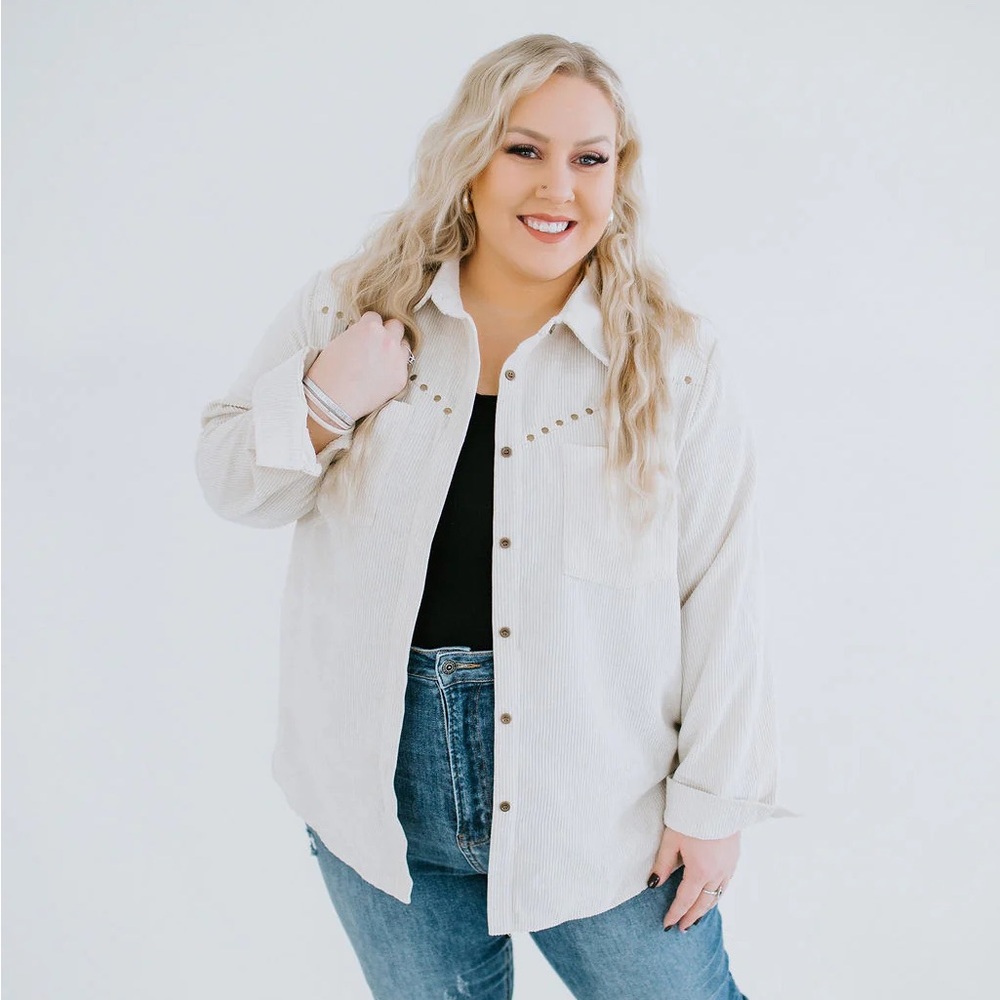Beige Button-Up Shirt with Stud Accents